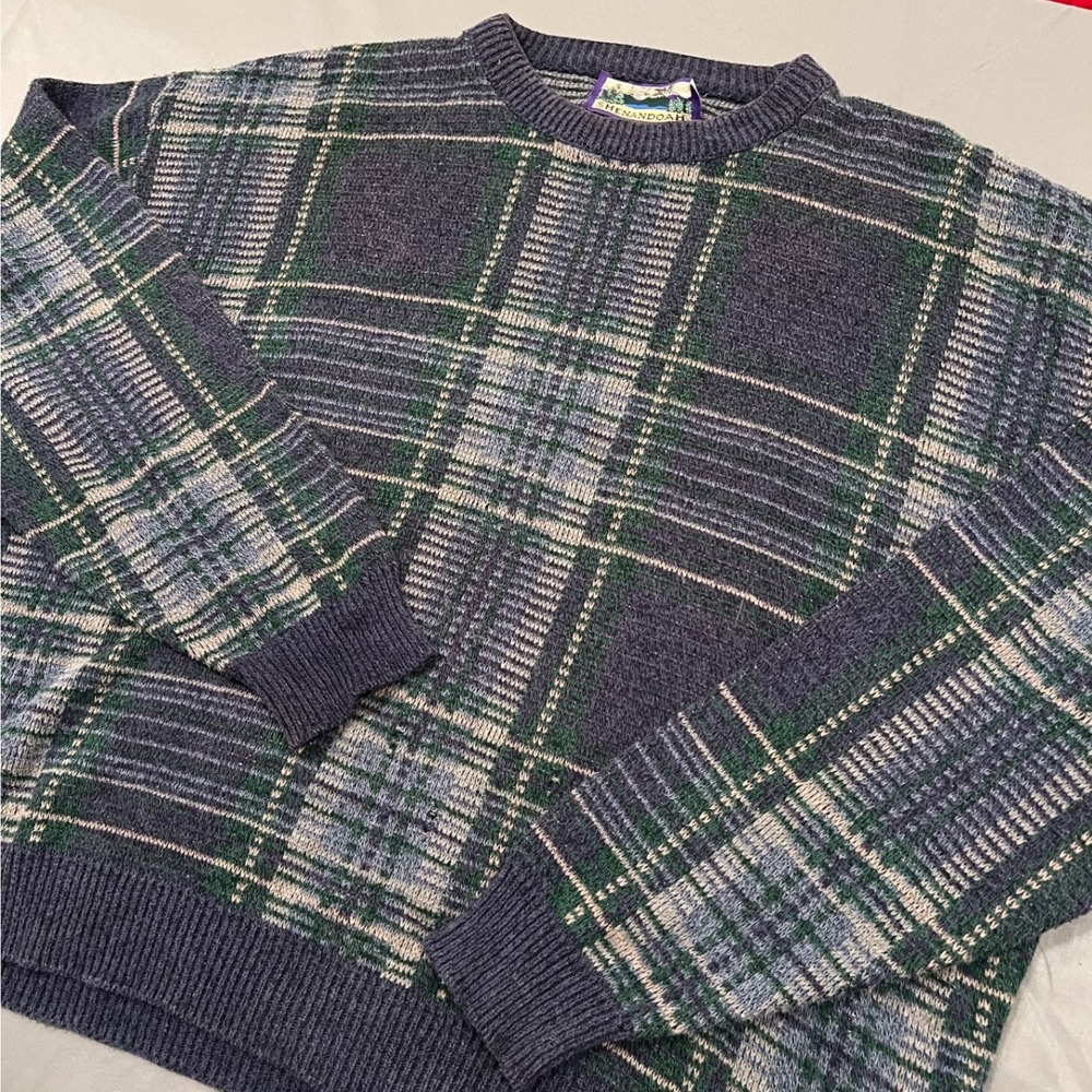 Vintage Shenandoah Plaid Knit Sweater Mens XL Blue Green 100% Cotton Made in USA